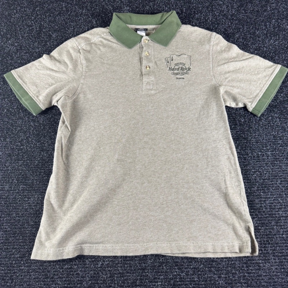 Hard Rock Hotel Casino Tampa Polo Shirt Mens Large Tan Green Seminole Pique Logo